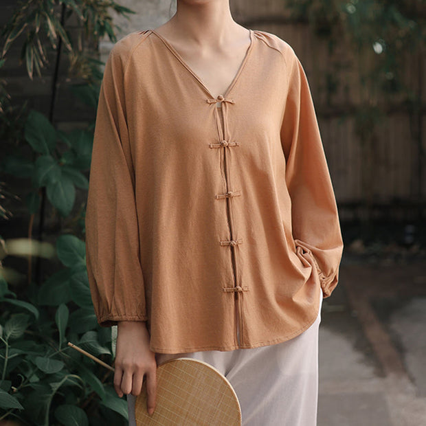 Buddha Stones Summer Pure Color Chinese Frog-Button V-Neck Cotton Linen Women's Shirt - image 6