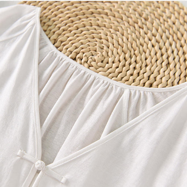 Buddha Stones Summer Pure Color Chinese Frog-Button V-Neck Cotton Linen Women's Shirt - image 19