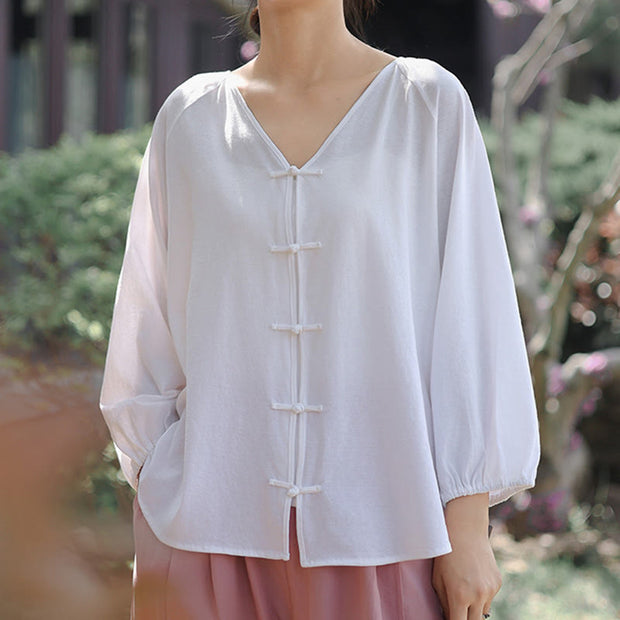 Buddha Stones Summer Pure Color Chinese Frog-Button V-Neck Cotton Linen Women's Shirt - image 16