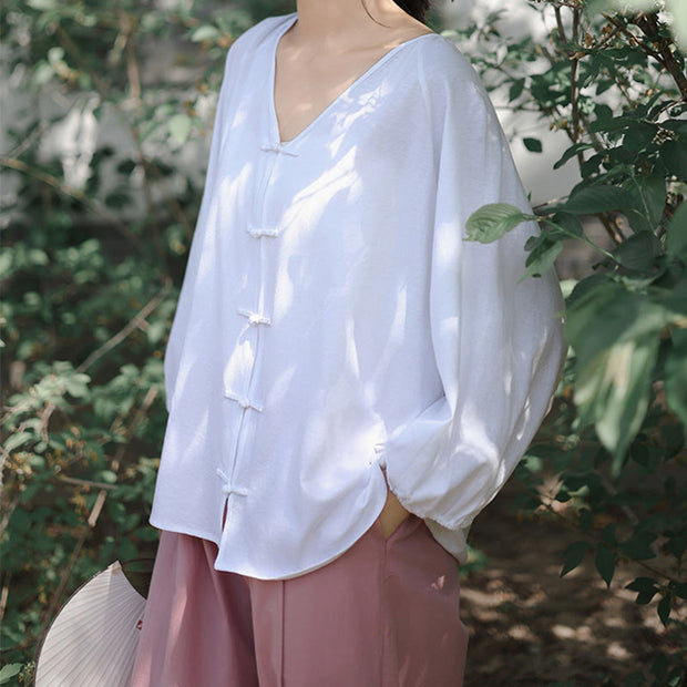 Buddha Stones Summer Pure Color Chinese Frog-Button V-Neck Cotton Linen Women's Shirt - image 13