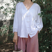 Buddha Stones Summer Pure Color Chinese Frog-Button V-Neck Cotton Linen Women's Shirt - image 12