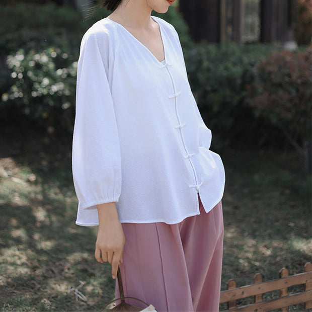 Buddha Stones Summer Pure Color Chinese Frog-Button V-Neck Cotton Linen Women's Shirt - image 17