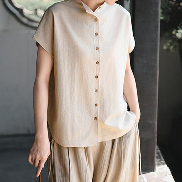 Buddha Stones Button Vintage Buttons Design Stand Collar Cotton Women's Shirt - image 12