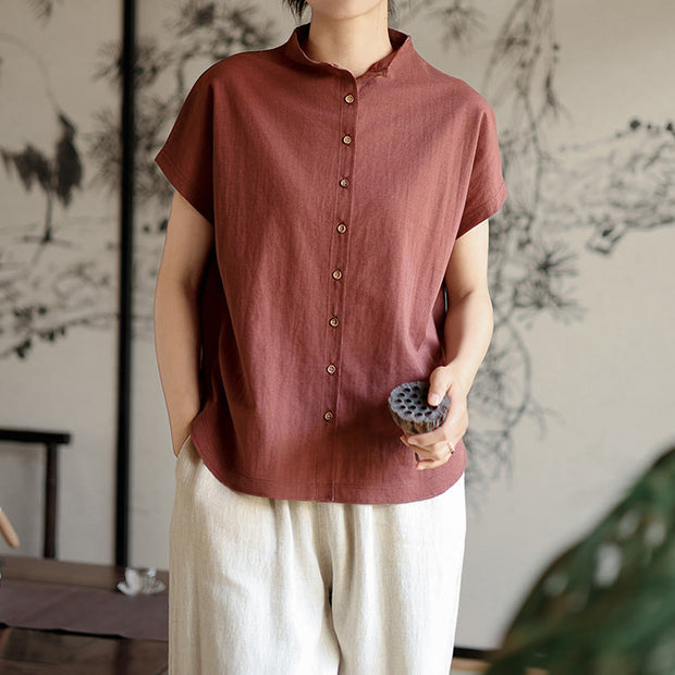 Buddha Stones Button Vintage Buttons Design Stand Collar Cotton Women's Shirt - image 3