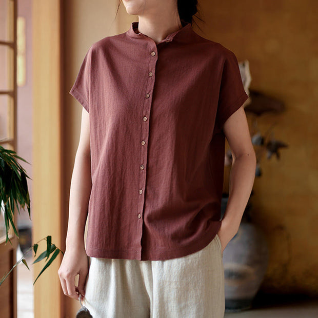 Buddha Stones Button Vintage Buttons Design Stand Collar Cotton Women's Shirt - image 2
