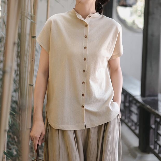 Buddha Stones Button Vintage Buttons Design Stand Collar Cotton Women's Shirt - image 10