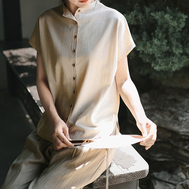Buddha Stones Button Vintage Buttons Design Stand Collar Cotton Women's Shirt - image 11