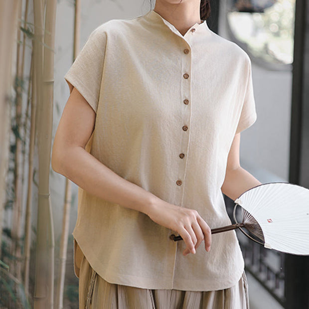 Buddha Stones Button Vintage Buttons Design Stand Collar Cotton Women's Shirt - Linen - US8-10，UK/AU12-14，EU40-42 (2XL) - image 9