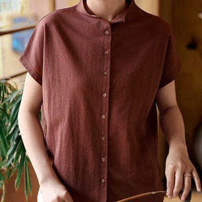 Buddha Stones Button Vintage Buttons Design Stand Collar Cotton Women's Shirt - Brown - US8-10，UK/AU12-14，EU40-42 (2XL) - image 1
