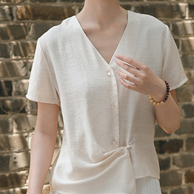 Buddha Stones Button Vintage Irregular Design V-Neck Cotton Linen Women's Shirt - image 12