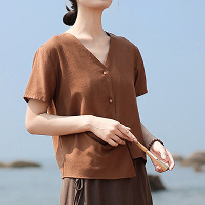 Buddha Stones Button Vintage Irregular Design V-Neck Cotton Linen Women's Shirt - Chocolate - US8-10，UK/AU12-14，EU40-42 (2XL) - image 1