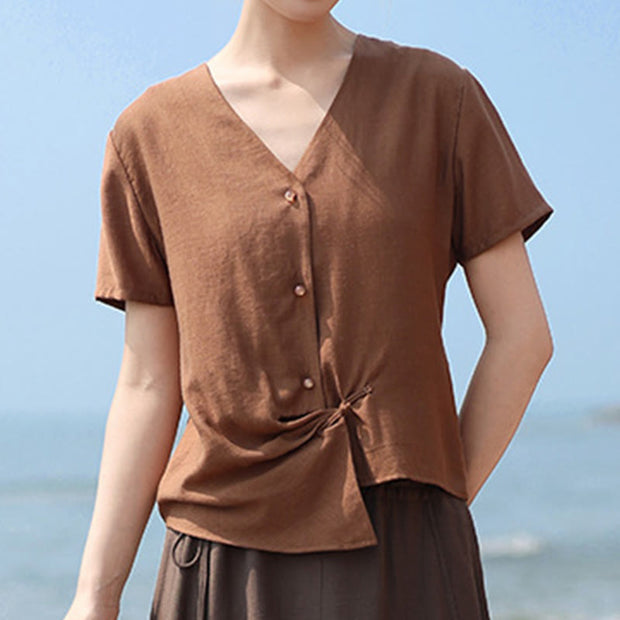 Buddha Stones Button Vintage Irregular Design V-Neck Cotton Linen Women's Shirt - image 3