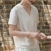 Buddha Stones Button Vintage Irregular Design V-Neck Cotton Linen Women's Shirt - image 18