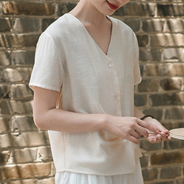 Buddha Stones Button Vintage Irregular Design V-Neck Cotton Linen Women's Shirt - image 18