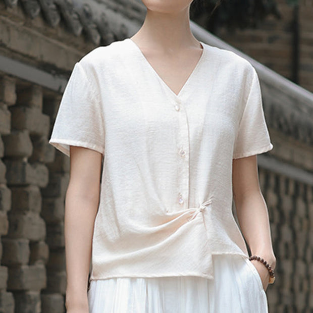 Buddha Stones Button Vintage Irregular Design V-Neck Cotton Linen Women's Shirt - image 11