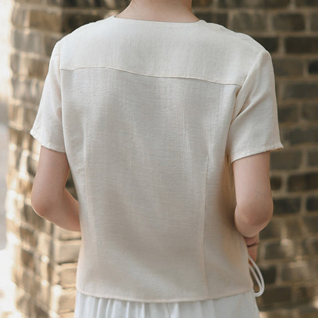 Buddha Stones Button Vintage Irregular Design V-Neck Cotton Linen Women's Shirt - image 15