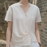 Buddha Stones Button Vintage Irregular Design V-Neck Cotton Linen Women's Shirt - image 13