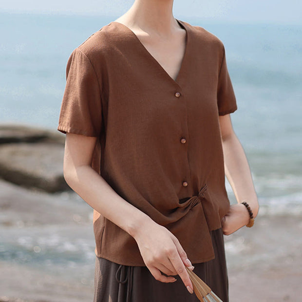 Buddha Stones Button Vintage Irregular Design V-Neck Cotton Linen Women's Shirt - image 6