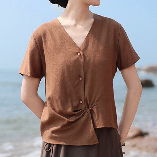 Buddha Stones Button Vintage Irregular Design V-Neck Cotton Linen Women's Shirt - image 2