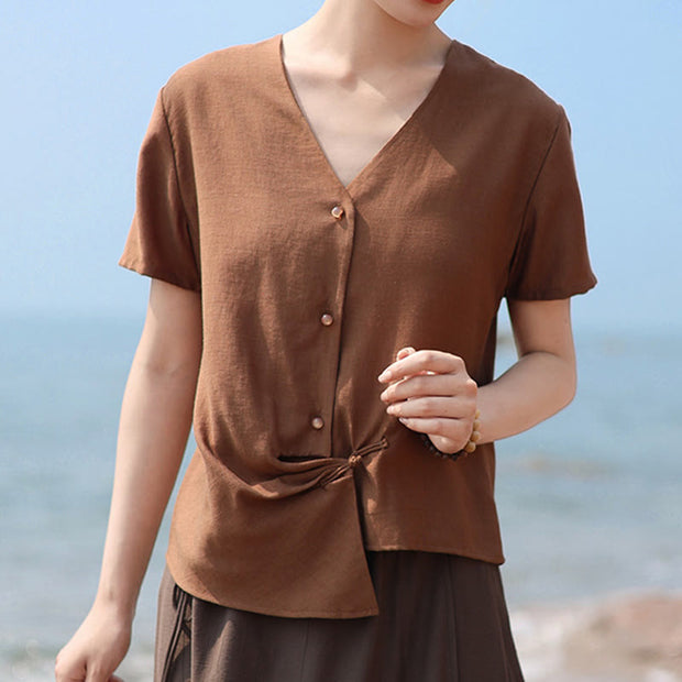 Buddha Stones Button Vintage Irregular Design V-Neck Cotton Linen Women's Shirt - image 9