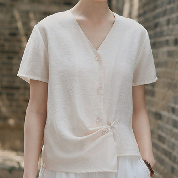 Buddha Stones Button Vintage Irregular Design V-Neck Cotton Linen Women's Shirt - image 13