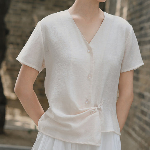 Buddha Stones Button Vintage Irregular Design V-Neck Cotton Linen Women's Shirt - image 14