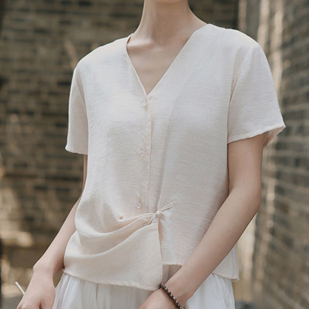 Buddha Stones Button Vintage Irregular Design V-Neck Cotton Linen Women's Shirt - image 17