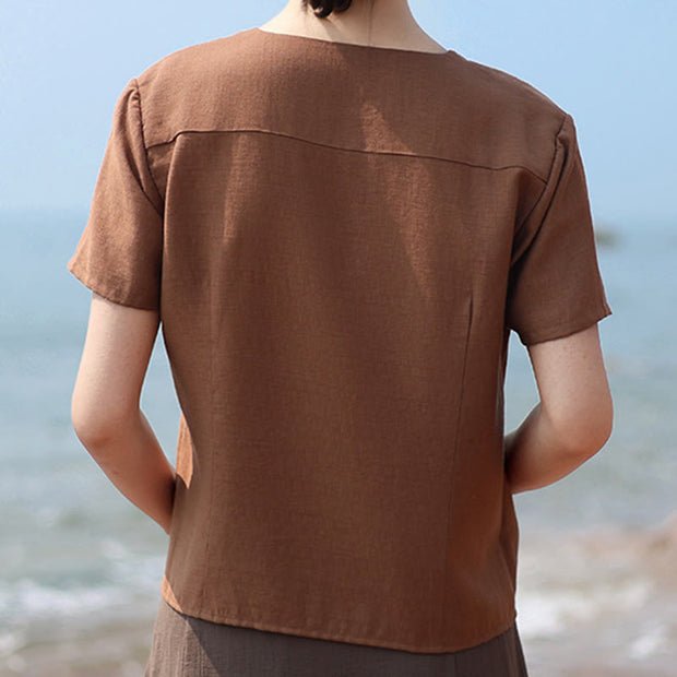 Buddha Stones Button Vintage Irregular Design V-Neck Cotton Linen Women's Shirt - image 4