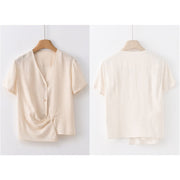 Buddha Stones Button Vintage Irregular Design V-Neck Cotton Linen Women's Shirt - image 19