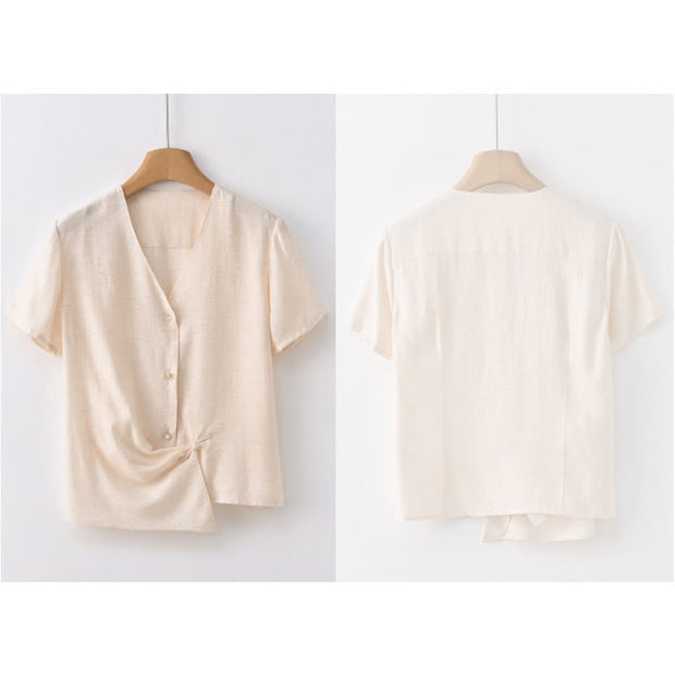 Buddha Stones Button Vintage Irregular Design V-Neck Cotton Linen Women's Shirt - image 19
