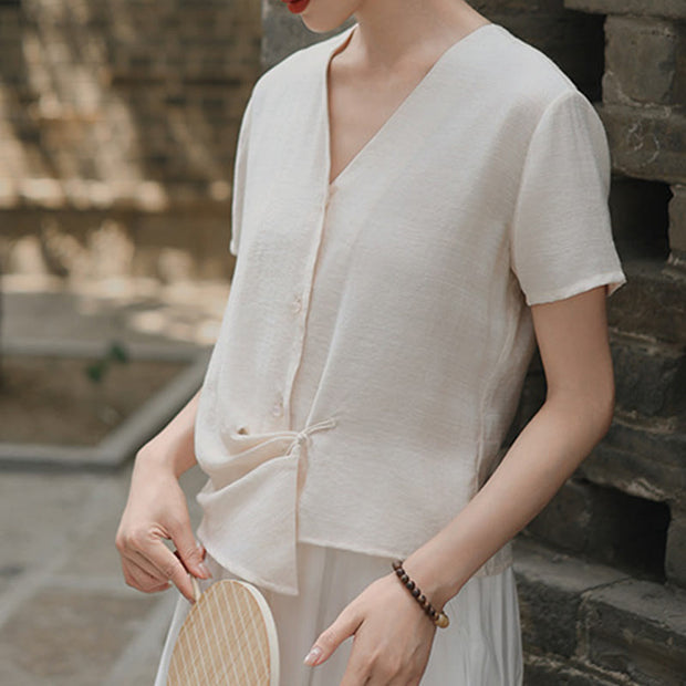 Buddha Stones Button Vintage Irregular Design V-Neck Cotton Linen Women's Shirt - FloralWhite - US8-10，UK/AU12-14，EU40-42 (2XL) - image 10