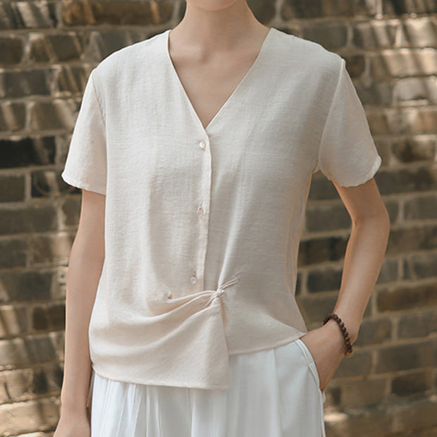 Buddha Stones Button Vintage Irregular Design V-Neck Cotton Linen Women's Shirt - image 16