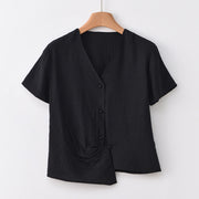 Buddha Stones Button Vintage Irregular Design V-Neck Cotton Linen Women's Shirt - Black - US8-10，UK/AU12-14，EU40-42 (2XL) - image 20