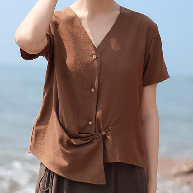 Buddha Stones Button Vintage Irregular Design V-Neck Cotton Linen Women's Shirt - image 7