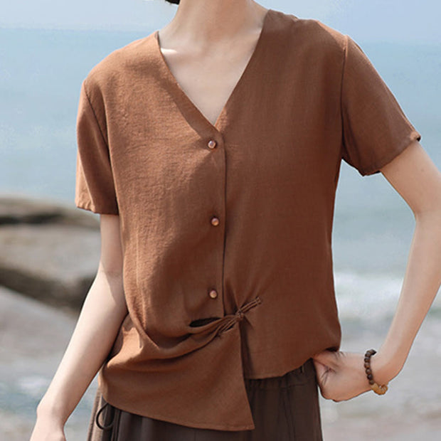 Buddha Stones Button Vintage Irregular Design V-Neck Cotton Linen Women's Shirt - image 8