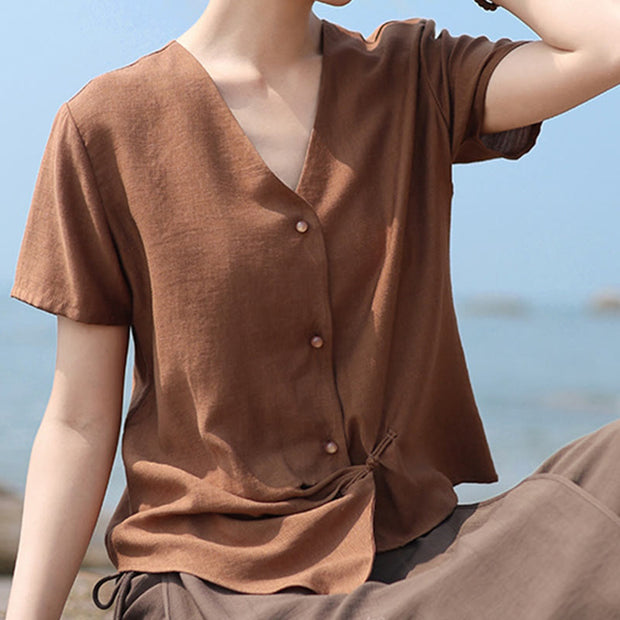 Buddha Stones Button Vintage Irregular Design V-Neck Cotton Linen Women's Shirt - image 5