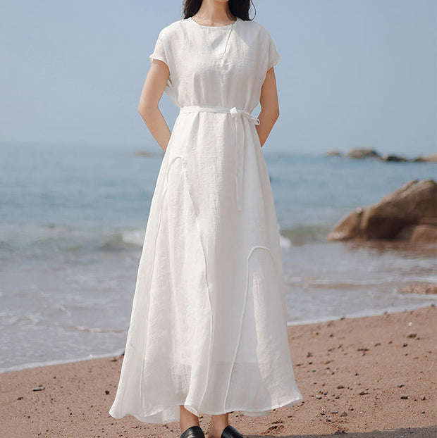 Buddha Stones Casual Plain Irregular Hem Short Sleeve Cotton Linen Maxi Dress - image 15