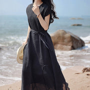 Buddha Stones Casual Plain Irregular Hem Short Sleeve Cotton Linen Maxi Dress - image 3