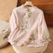 Buddha Stones Casual Vintage Embroidery Flower Pattern Chinese Frog-Button Crew Neck Design Women's Cotton Linen Shirt - LightPink - US12，UK/AU16，EU44 (3XL) - image 8