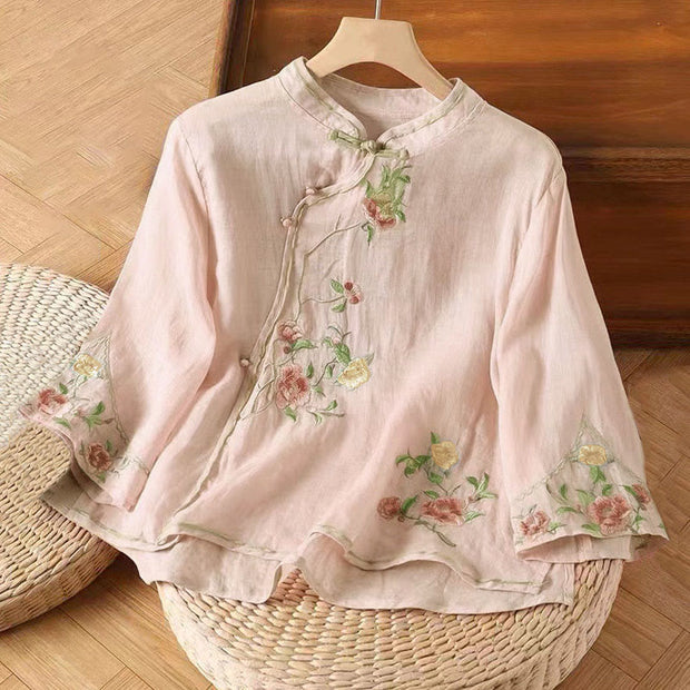 Buddha Stones Casual Vintage Embroidery Flower Pattern Chinese Frog-Button Crew Neck Design Women's Cotton Linen Shirt - LightPink - US12，UK/AU16，EU44 (3XL) - image 8