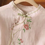 Buddha Stones Casual Vintage Embroidery Flower Pattern Chinese Frog-Button Crew Neck Design Women's Cotton Linen Shirt - image 9