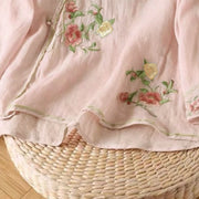 Buddha Stones Casual Vintage Embroidery Flower Pattern Chinese Frog-Button Crew Neck Design Women's Cotton Linen Shirt - image 10