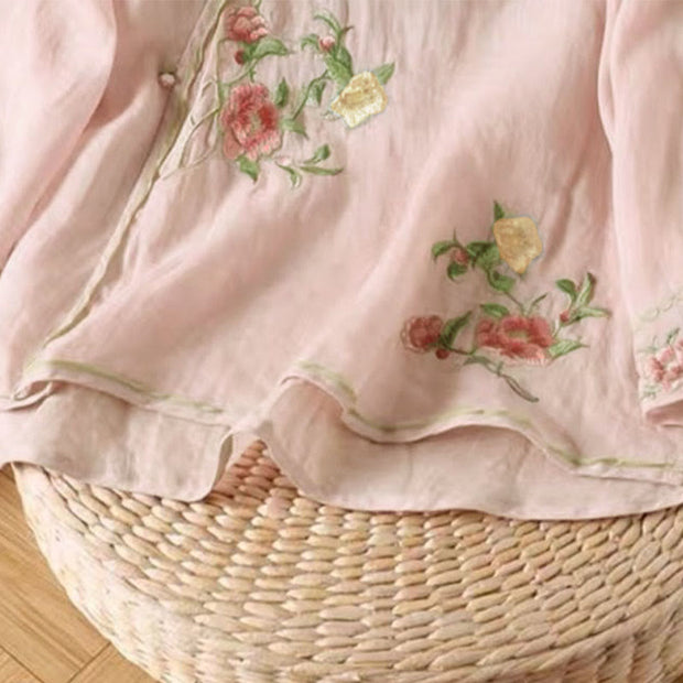 Buddha Stones Casual Vintage Embroidery Flower Pattern Chinese Frog-Button Crew Neck Design Women's Cotton Linen Shirt - image 10
