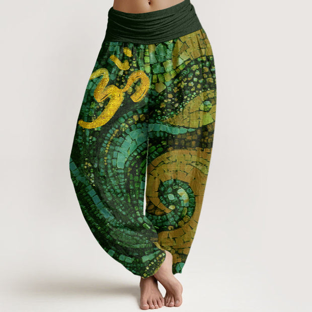 Buddha Stones Casual Golden Om Symbol Mosaic Pattern Women's Elastic Waist Harem Pants - ForestGreen - US22，UK/AU26，EU54 (6XL) - image 9