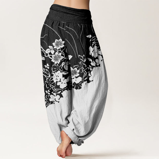 Buddha Stones Contrasting Colored Flower Line Leave Pattern Women's Elastic Waist Harem Pants - image 2