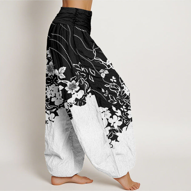 Buddha Stones Contrasting Colored Flower Line Leave Pattern Women's Elastic Waist Harem Pants - image 3