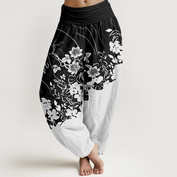 Buddha Stones Contrasting Colored Flower Line Leave Pattern Women's Elastic Waist Harem Pants - GhostWhite - US22，UK/AU26，EU54 (6XL) - image 1