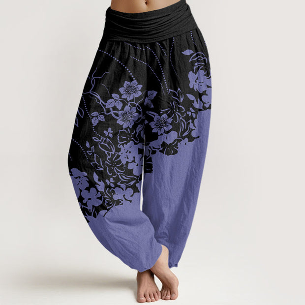 Buddha Stones Contrasting Colored Flower Line Leave Pattern Women's Elastic Waist Harem Pants - BlueViolet - US22，UK/AU26，EU54 (6XL) - image 6