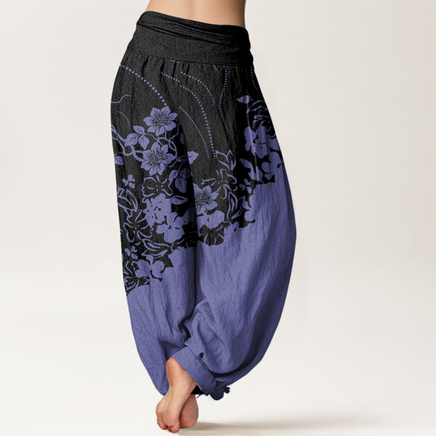 Buddha Stones Contrasting Colored Flower Line Leave Pattern Women's Elastic Waist Harem Pants - image 7