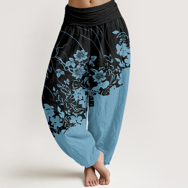 Buddha Stones Contrasting Colored Flower Line Leave Pattern Women's Elastic Waist Harem Pants - DeepSkyBlue - US22，UK/AU26，EU54 (6XL) - image 9